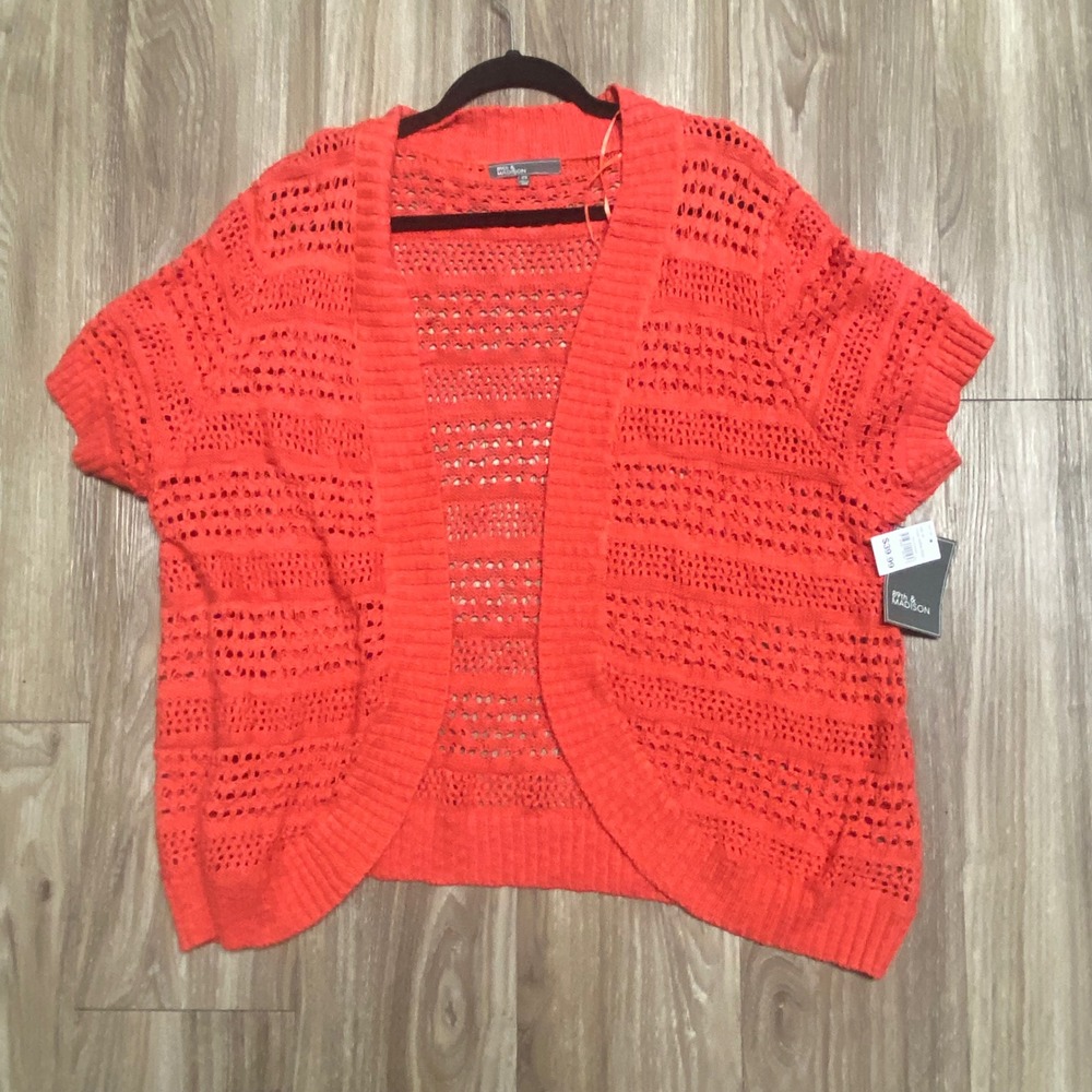 89th & Madison Womens 2X Red Orange Pointelle Crochet Short Sleeve Cardigan NWT - Picture 2 of 8